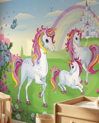 Close-up of a colorful unicorn mural in a child's nursery highlighting detailed mane and gentle features.
