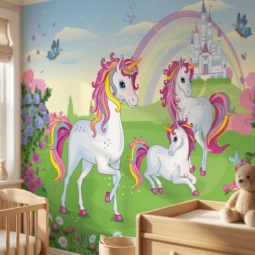 Close-up of a colorful unicorn mural in a child's nursery highlighting detailed mane and gentle features.