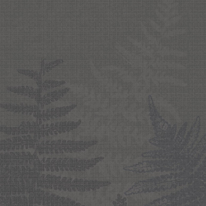 Charcoal grey botanical mural featuring oversized layered fern fronds on a textured grey background.