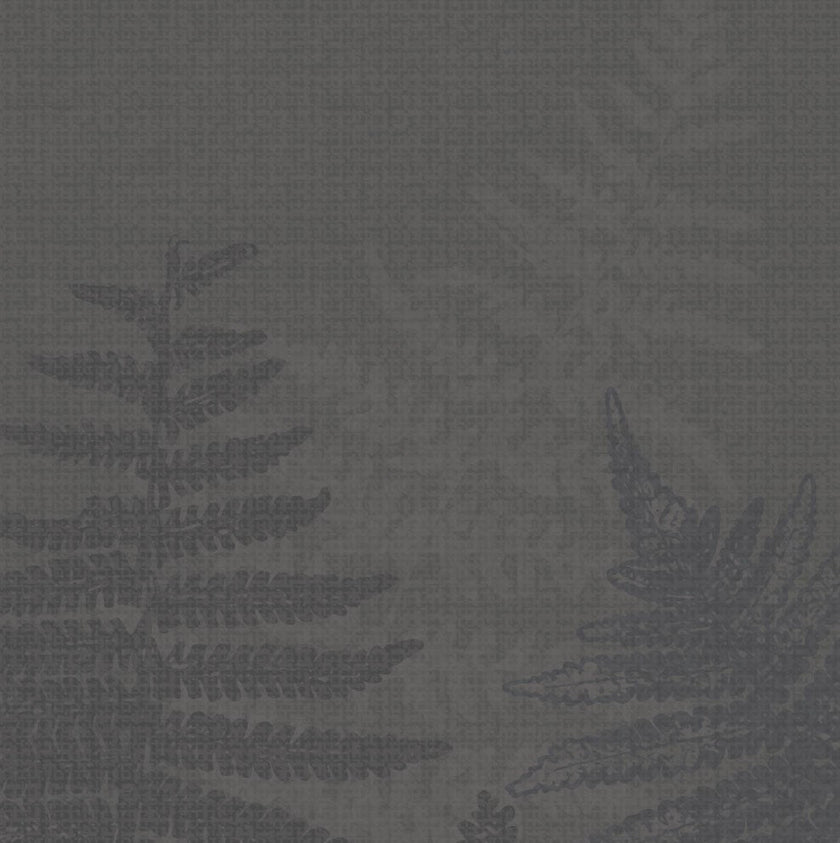 Charcoal grey botanical mural featuring oversized layered fern fronds on a textured grey background.