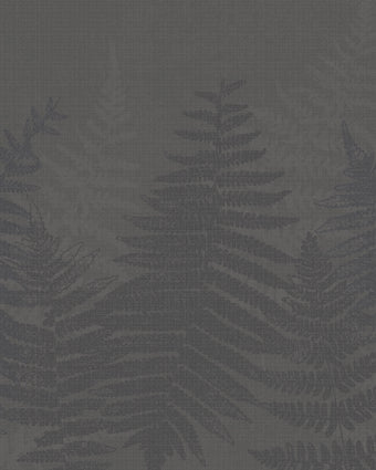 Charcoal grey botanical mural featuring oversized layered fern fronds on a textured grey background.