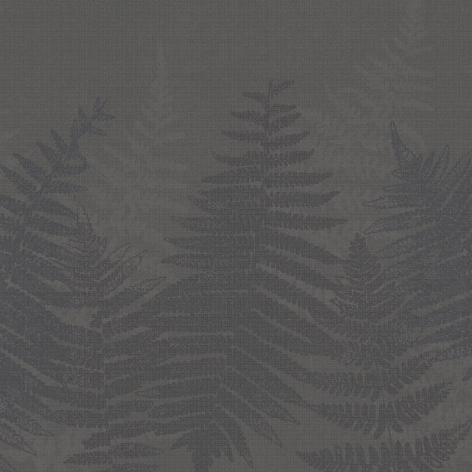 Charcoal grey botanical mural featuring oversized layered fern fronds on a textured grey background.