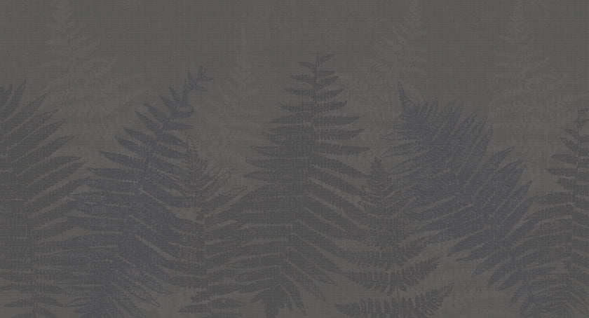 Charcoal grey botanical mural featuring oversized layered fern fronds on a textured grey background.