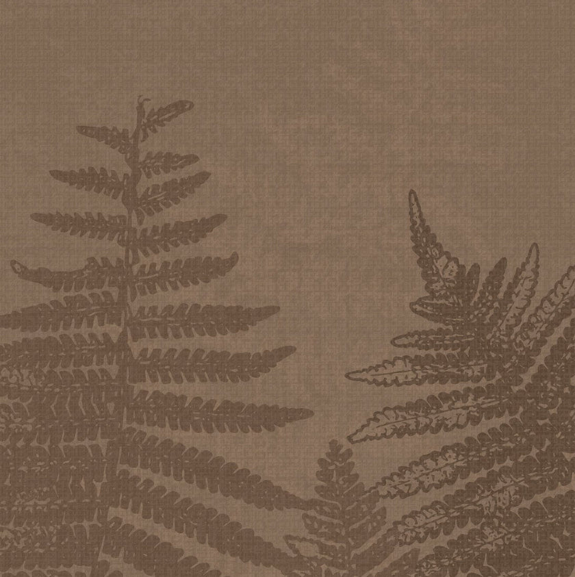 Chocolate brown botanical mural featuring oversized layered fern fronds on a textured brown background.