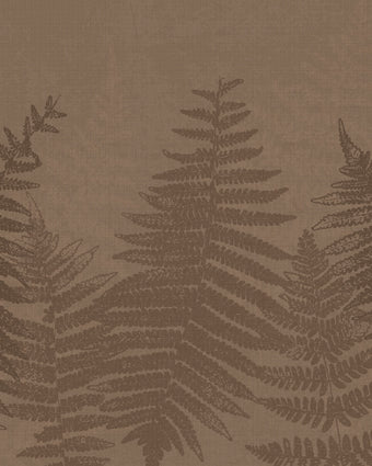 Chocolate brown botanical mural featuring oversized layered fern fronds on a textured brown background.