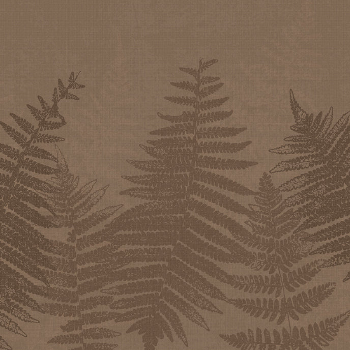 Chocolate brown botanical mural featuring oversized layered fern fronds on a textured brown background.