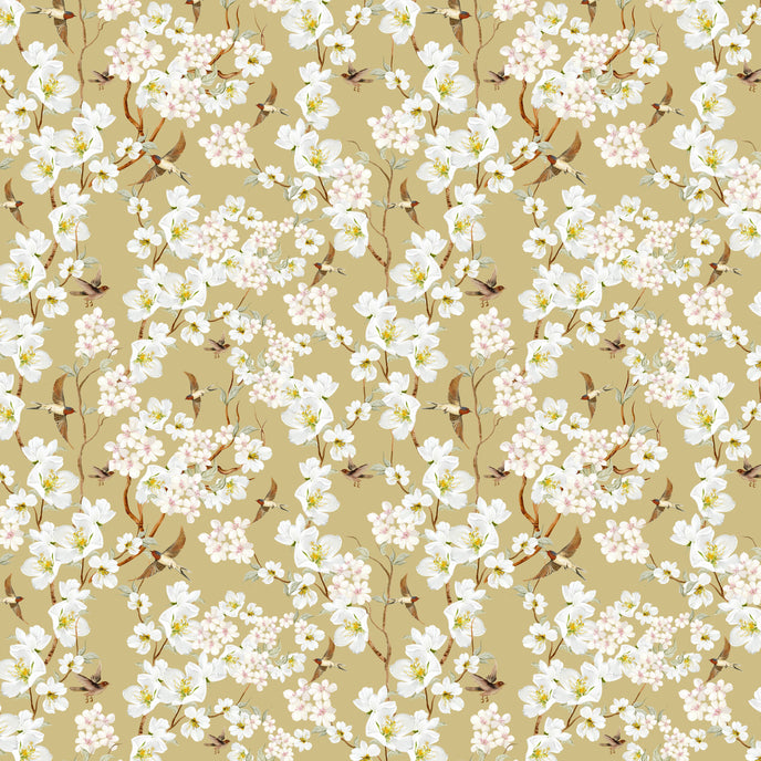 Vintage inspired wallpaper featuring white and blush blossom flowers, winding branches, and swallows in flight on a warm golden-beige background.