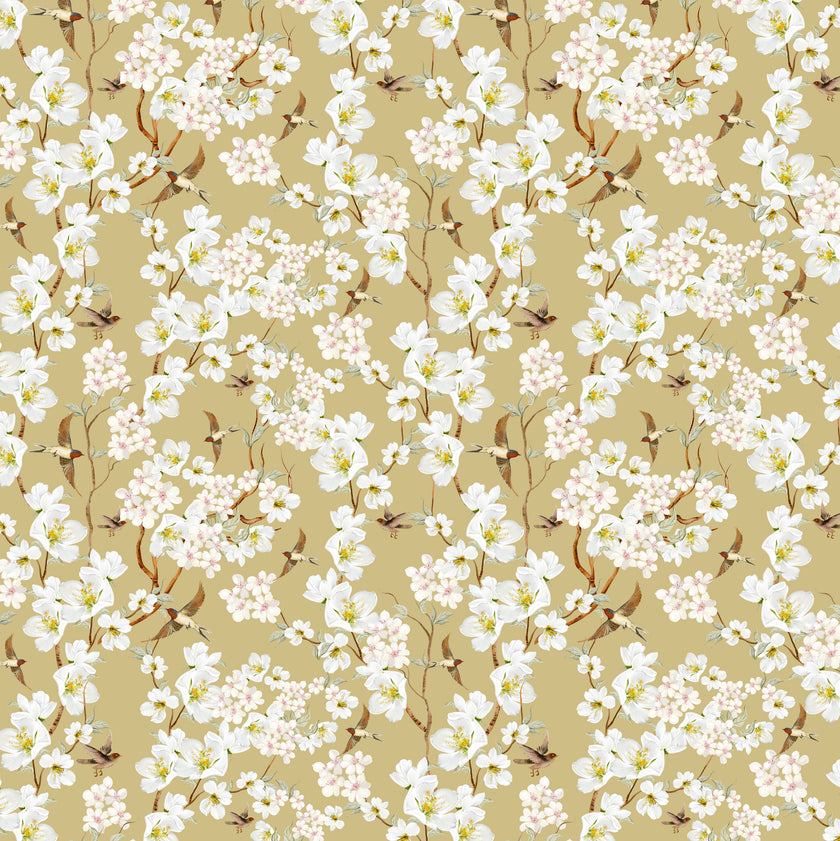 Vintage inspired wallpaper featuring white and blush blossom flowers, winding branches, and swallows in flight on a warm golden-beige background.