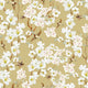 Vintage inspired wallpaper featuring white and blush blossom flowers, winding branches, and swallows in flight on a warm golden-beige background.