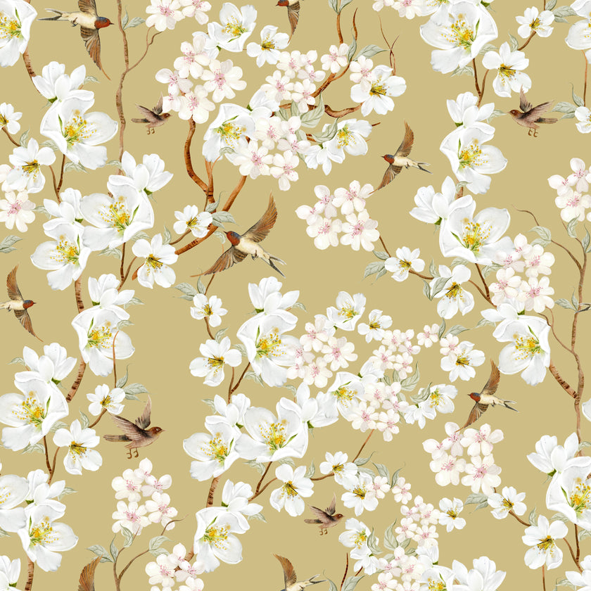 Vintage inspired wallpaper featuring white and blush blossom flowers, winding branches, and swallows in flight on a warm golden-beige background.