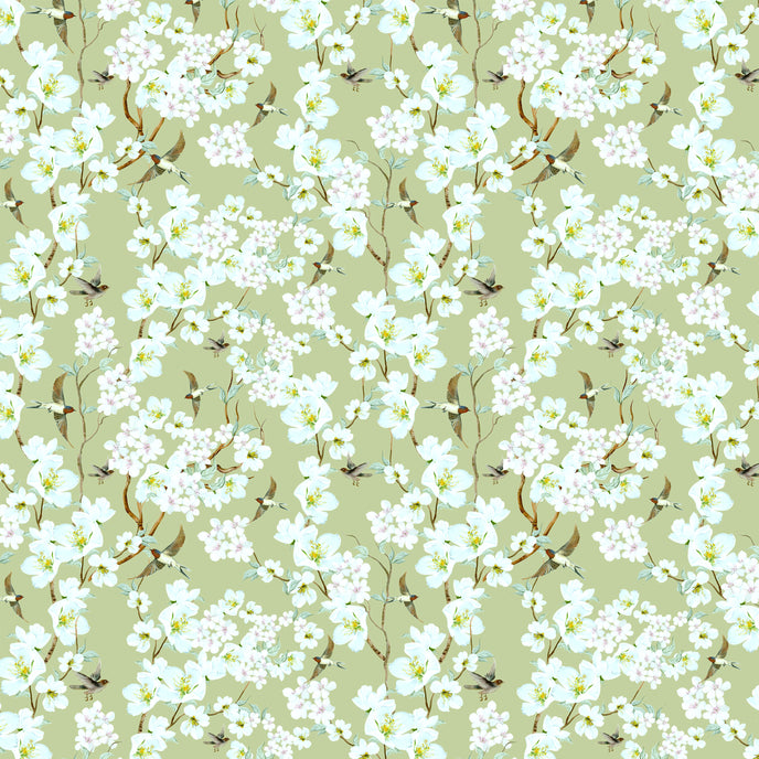 Chinoiserie inspired wallpaper featuring delicate white blossom flowers, flowering branches, and swallows in flight on a soft sage green background.