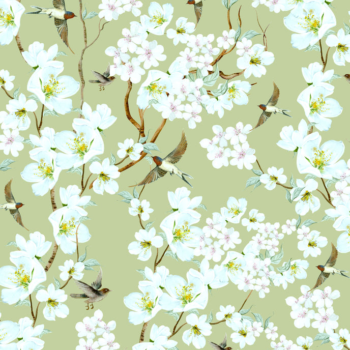 Chinoiserie inspired wallpaper featuring delicate white blossom flowers, flowering branches, and swallows in flight on a soft sage green background.
