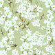 Chinoiserie inspired wallpaper featuring delicate white blossom flowers, flowering branches, and swallows in flight on a soft sage green background.
