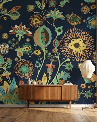 Vibrant navy floral wall mural with seamless pattern, filling a modern living room wall with detailed flowers and natural lighting.