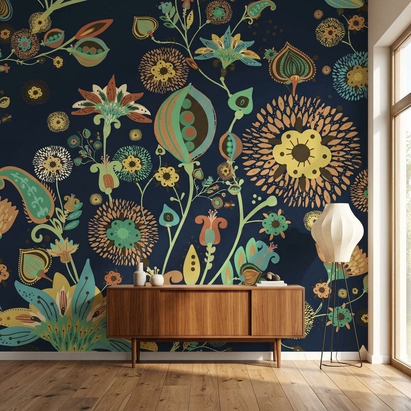 Vibrant navy floral wall mural with seamless pattern, filling a modern living room wall with detailed flowers and natural lighting.