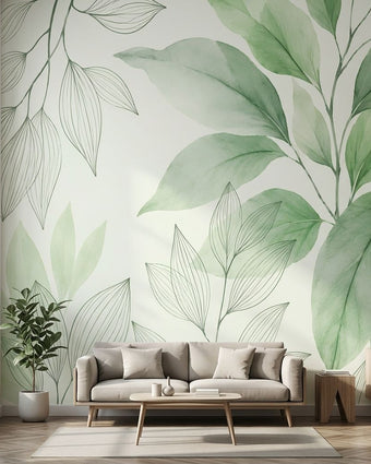 Floral watercolor mural displayed on a light-colored wall in a modern living room, illuminated by natural daylight.