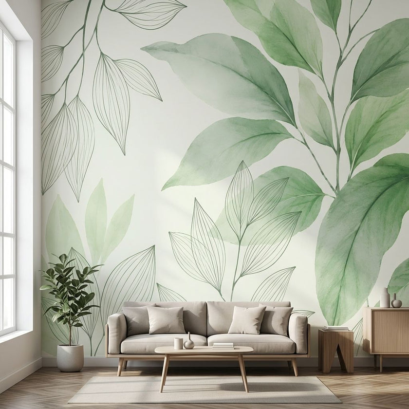 Floral watercolor mural displayed on a light-colored wall in a modern living room, illuminated by natural daylight.