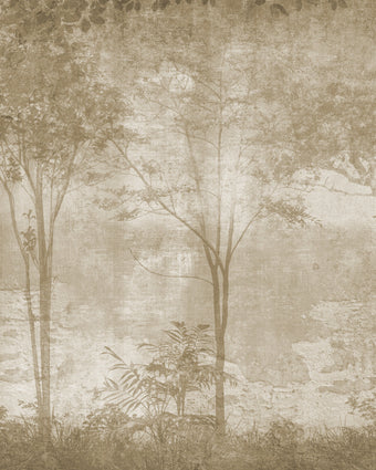 Sepia Foggy Forest mural featuring softly layered woodland trees and foliage in warm taupe and sepia tones, creating a misty, atmospheric forest scene with a vintage textured finish.