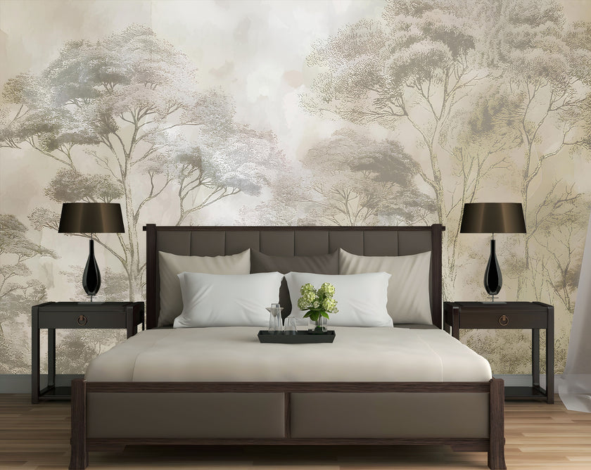 Soft neutral forest wallpaper featuring delicate misty trees in layered sepia and taupe tones with a hand sketched effect. On wall behind the bed.