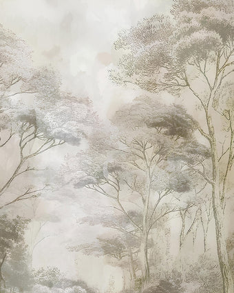 Soft neutral forest wallpaper featuring delicate misty trees in layered sepia and taupe tones with a hand-sketched effect.