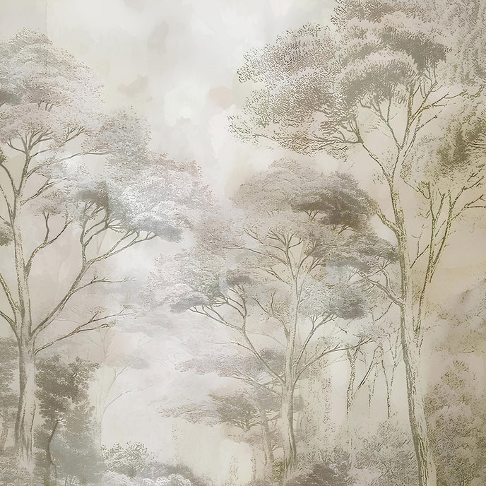 Soft neutral forest wallpaper featuring delicate misty trees in layered sepia and taupe tones with a hand-sketched effect.