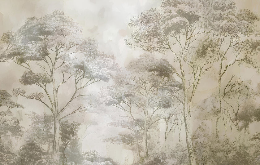 Soft neutral forest wallpaper featuring delicate misty trees in layered sepia and taupe tones with a hand-sketched effect.