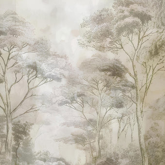 Soft neutral forest wallpaper featuring delicate misty trees in layered sepia and taupe tones with a hand-sketched effect.