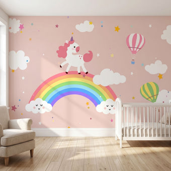 Full mural scene of the Dancing Unicorn installed in a cheerful nursery, showcasing vivid colours on a wall.