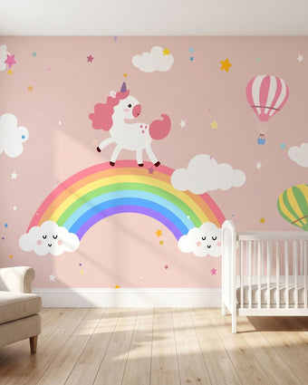 Full mural scene of the Dancing Unicorn installed in a cheerful nursery, showcasing vivid colours on a wall.