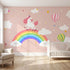 Full mural scene of the Dancing Unicorn installed in a cheerful nursery, showcasing vivid colours on a wall.