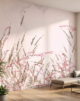 Full view of a pink floral mural covering an entire wall in a modern indoor space, illuminated by warm diffused sunlight.