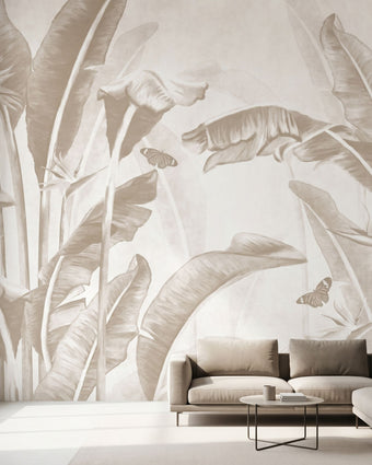 Realistic full-wall mural of dense tropical foliage with Stralizias floral and butterfly design in earthy tones, perfectly fitting a modern interior.