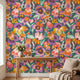 Realistic room scene featuring a full wall mural of playful pansies with vivid colors and natural daylight.