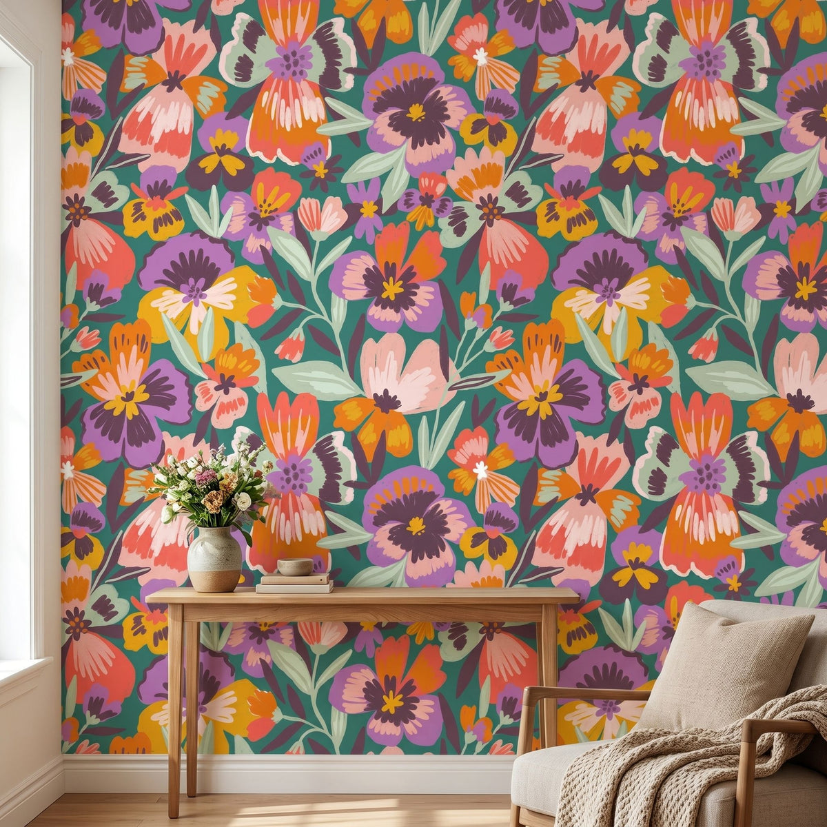 Realistic room scene featuring a full wall mural of playful pansies with vivid colors and natural daylight.