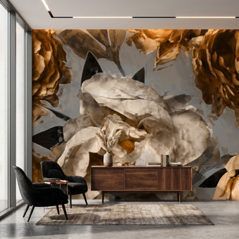 Full-wall view of the Timeless mural with floral design in a contemporary lounge with daylight.