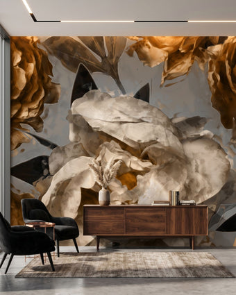 Full-wall view of the Timeless mural with floral design in a contemporary lounge with daylight.