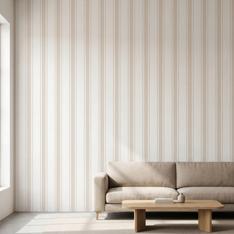 High-detail beige stripe mural covering the wall completely in a modern room with soft natural light.