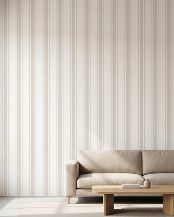 High-detail beige stripe mural covering the wall completely in a modern room with soft natural light.