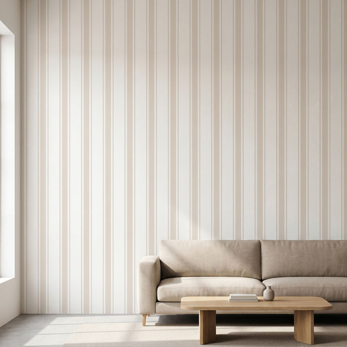 High-detail beige stripe mural covering the wall completely in a modern room with soft natural light.