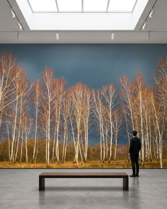 Spacious gallery scene showing the full Golden Birch mural on a wall with balanced lighting and realistic detail.