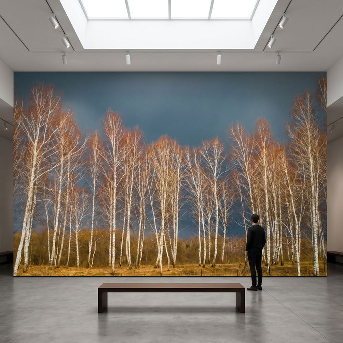 Spacious gallery scene showing the full Golden Birch mural on a wall with balanced lighting and realistic detail.