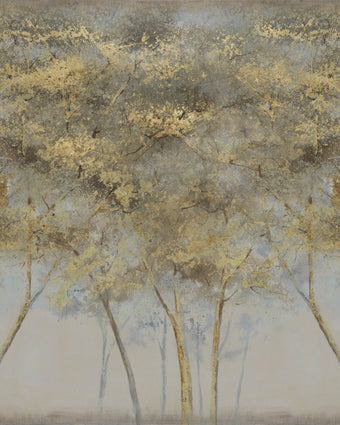 Forest mural featuring golden woodland trees with softly textured foliage against a smoky grey background, creating a warm and atmospheric nature inspired scene.