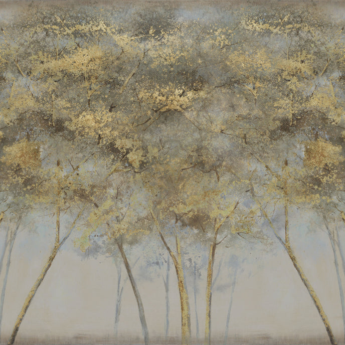 Forest mural featuring golden woodland trees with softly textured foliage against a smoky grey background, creating a warm and atmospheric nature inspired scene.