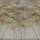 Forest mural featuring golden woodland trees with softly textured foliage against a smoky grey background, creating a warm and atmospheric nature inspired scene.