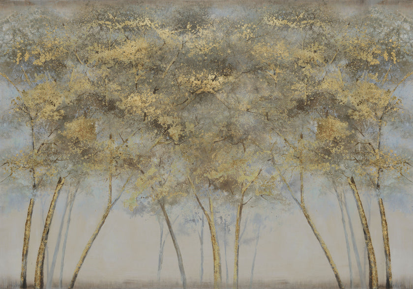 Forest mural featuring golden woodland trees with softly textured foliage against a smoky grey background, creating a warm and atmospheric nature inspired scene.