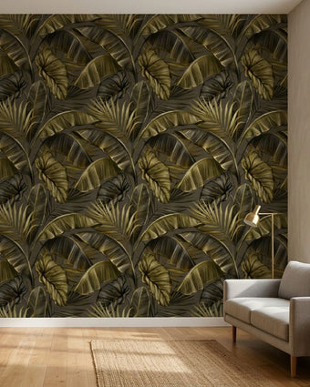 Seamless Golden Palms wallpaper with intricate gold detailing in a modern minimalist living room, emphasizing its full wall coverage and natural daylight illumination.