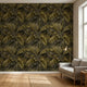 Seamless Golden Palms wallpaper with intricate gold detailing in a modern minimalist living room, emphasizing its full wall coverage and natural daylight illumination.