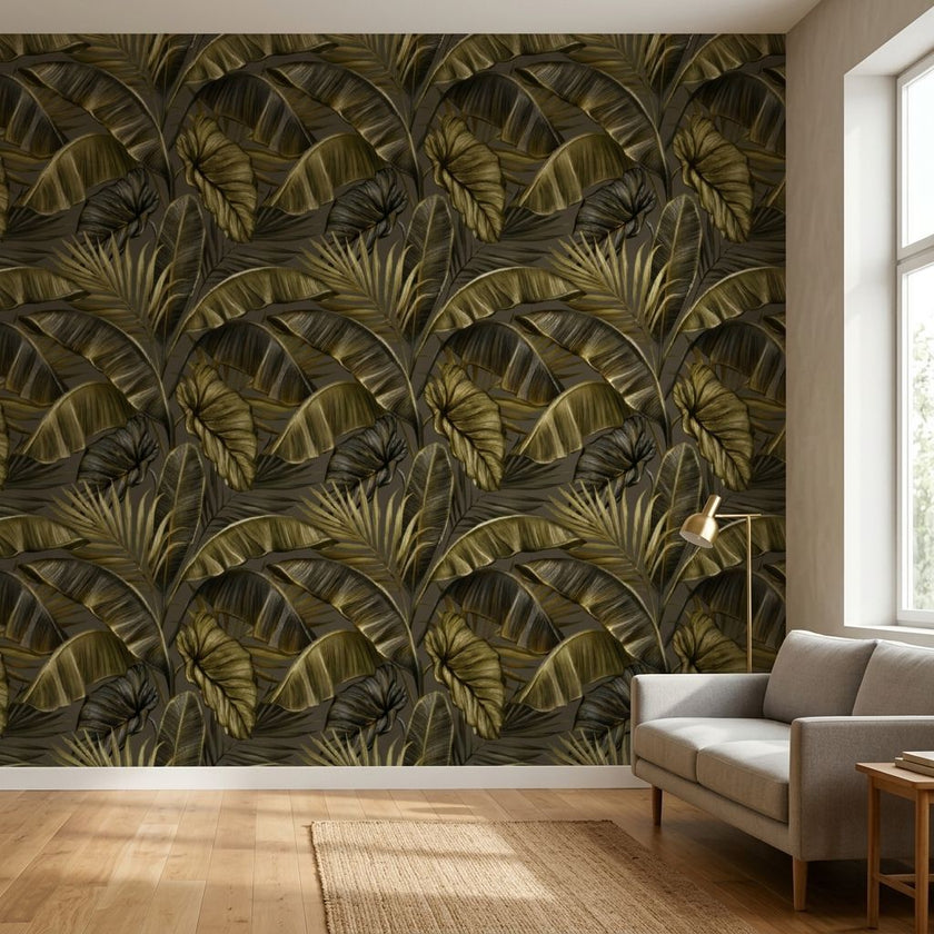 Seamless Golden Palms wallpaper with intricate gold detailing in a modern minimalist living room, emphasizing its full wall coverage and natural daylight illumination.