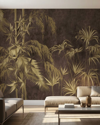 Vintage palm and bamboo wall mural in warm natural light, designed to fit a living room wall with ample negative space.