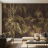 Vintage palm and bamboo wall mural in warm natural light, designed to fit a living room wall with ample negative space.